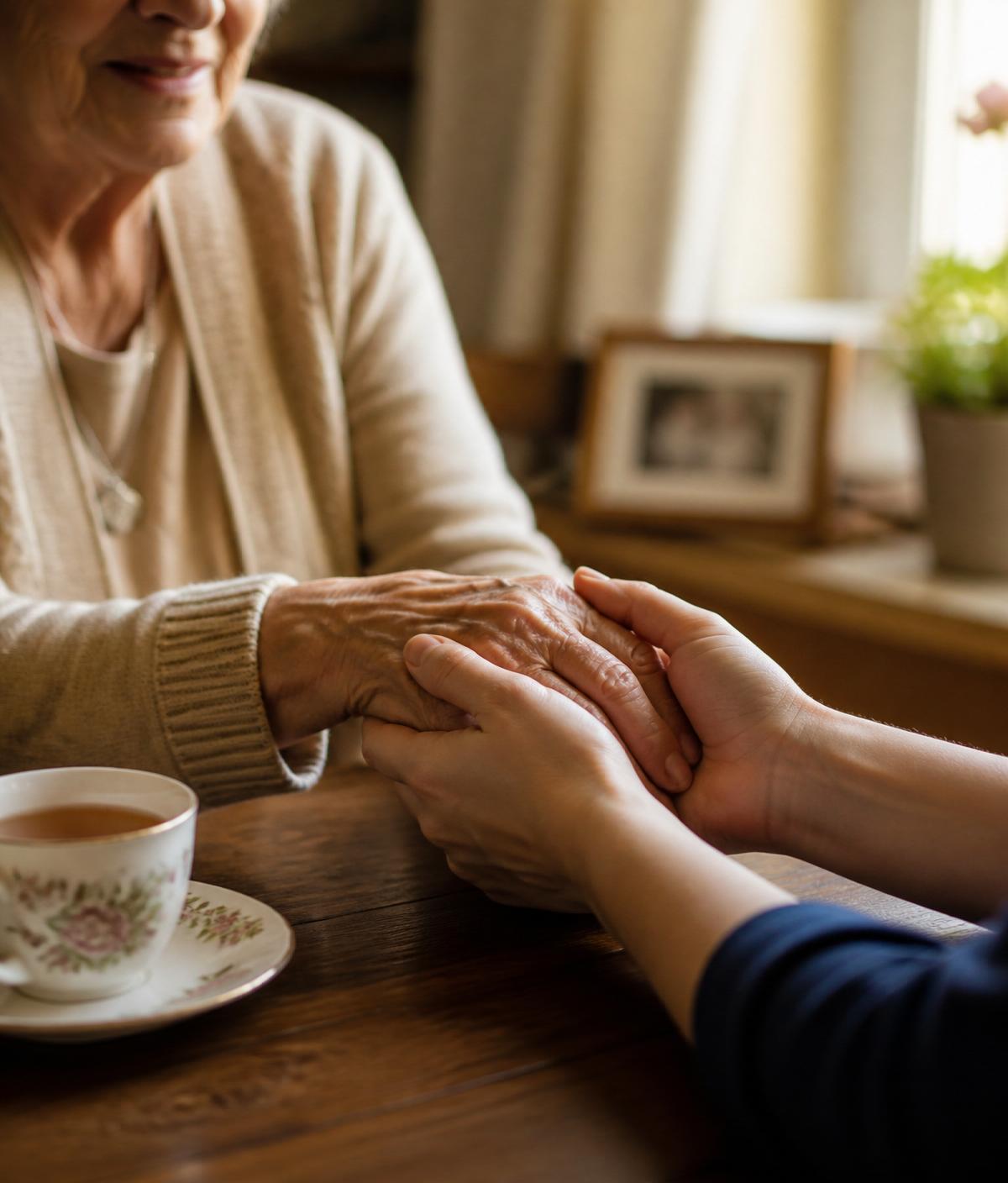 A caregiver gently holding a resident's hands